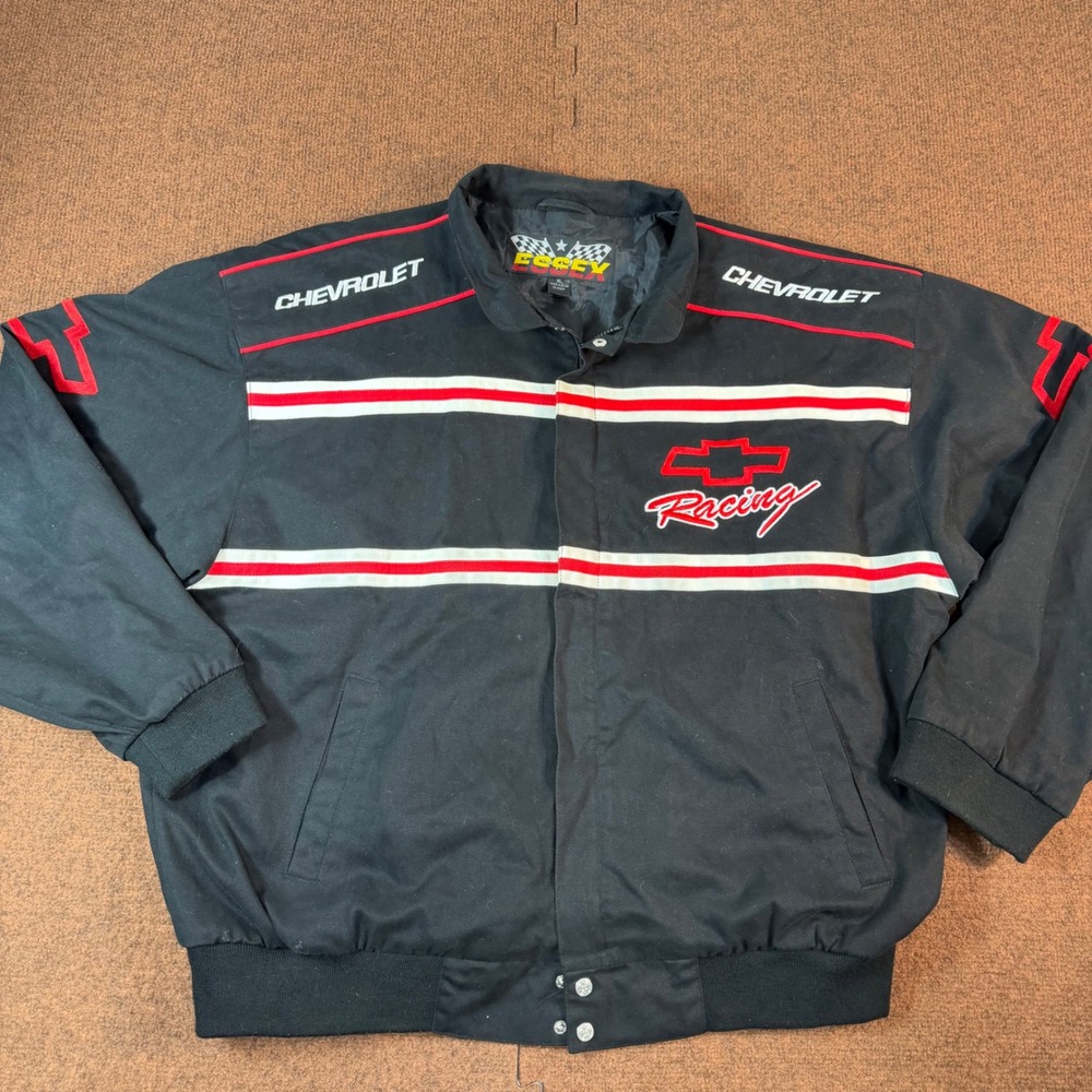 A+ Essex Chevrolet Racing Jacket Mens XL Black Red NASCAR Cotton Bomber 1027Q